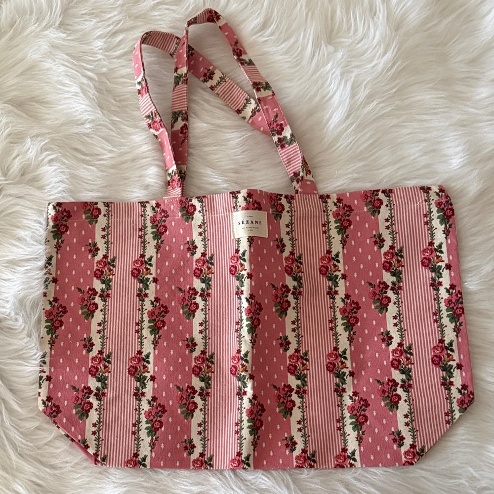 Sezane Pink Floral Stripe Tote